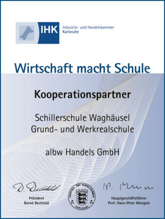 Die albw Handels GmbH ist Kooperationspartner des Projektes "Wirtschaft macht Schule" der IHK Karlsruhe